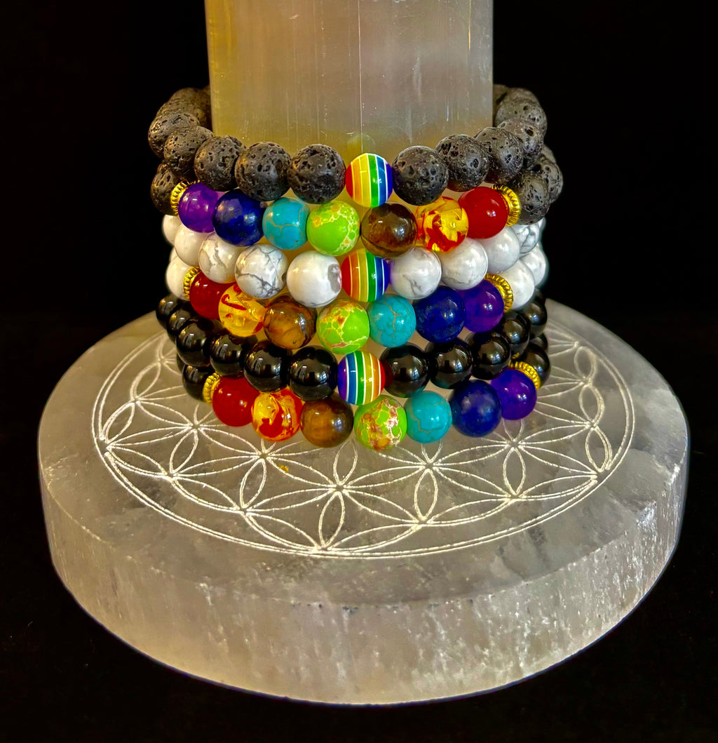 Faux Stone Chakra Bracelets with Pride Bead – White, Black, or Lava Rock