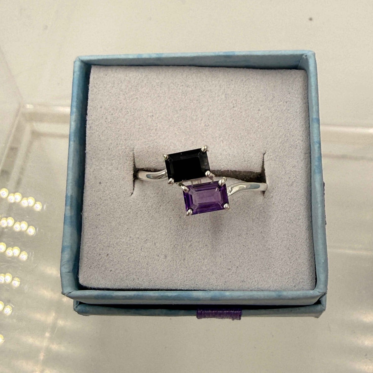 Sterling Silver Black Onyx & Amethyst Ring - Size 8 - Protective, Spiritual & Grounding