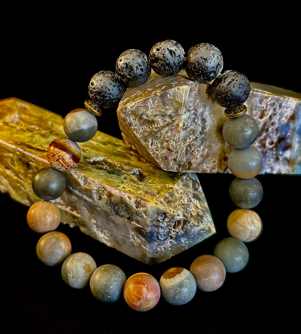 Polychrome Jasper & Lava Stone Essential Oil Diffuser Bracelet – 10mm Natural Stone | Aromatherapy Bracelet with Eucalyptus Oil