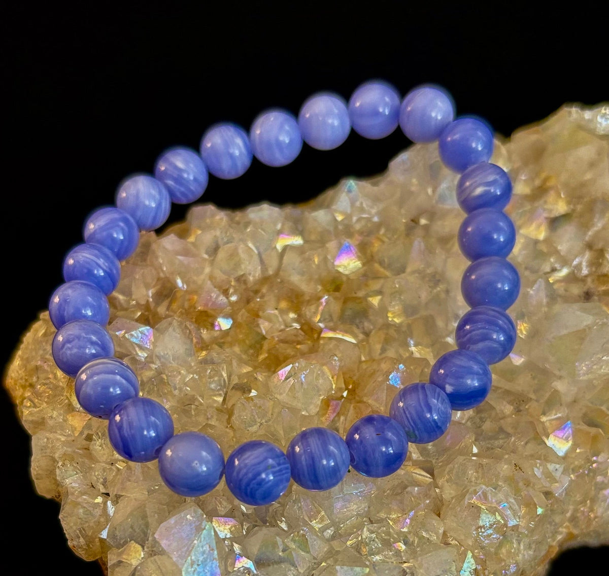 Reiki-Infused Natural Blue Lace Agate Bracelet for Anxiety Relief, Serenity & Throat Chakra Alignment (8mm)