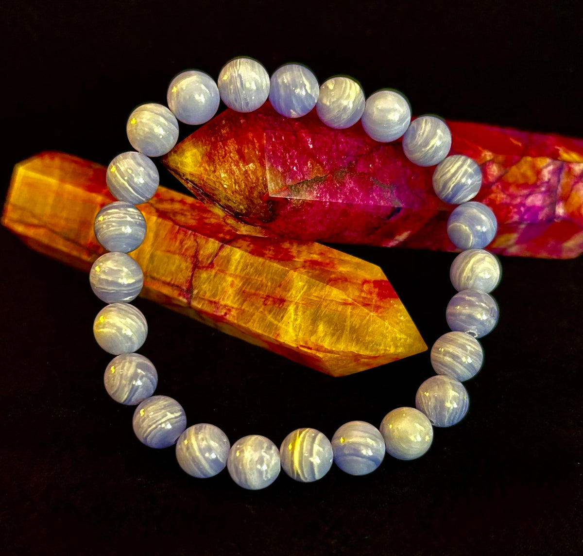 Reiki-Infused Natural Blue Lace Agate Bracelet for Anxiety Relief, Serenity & Throat Chakra Alignment (8mm)