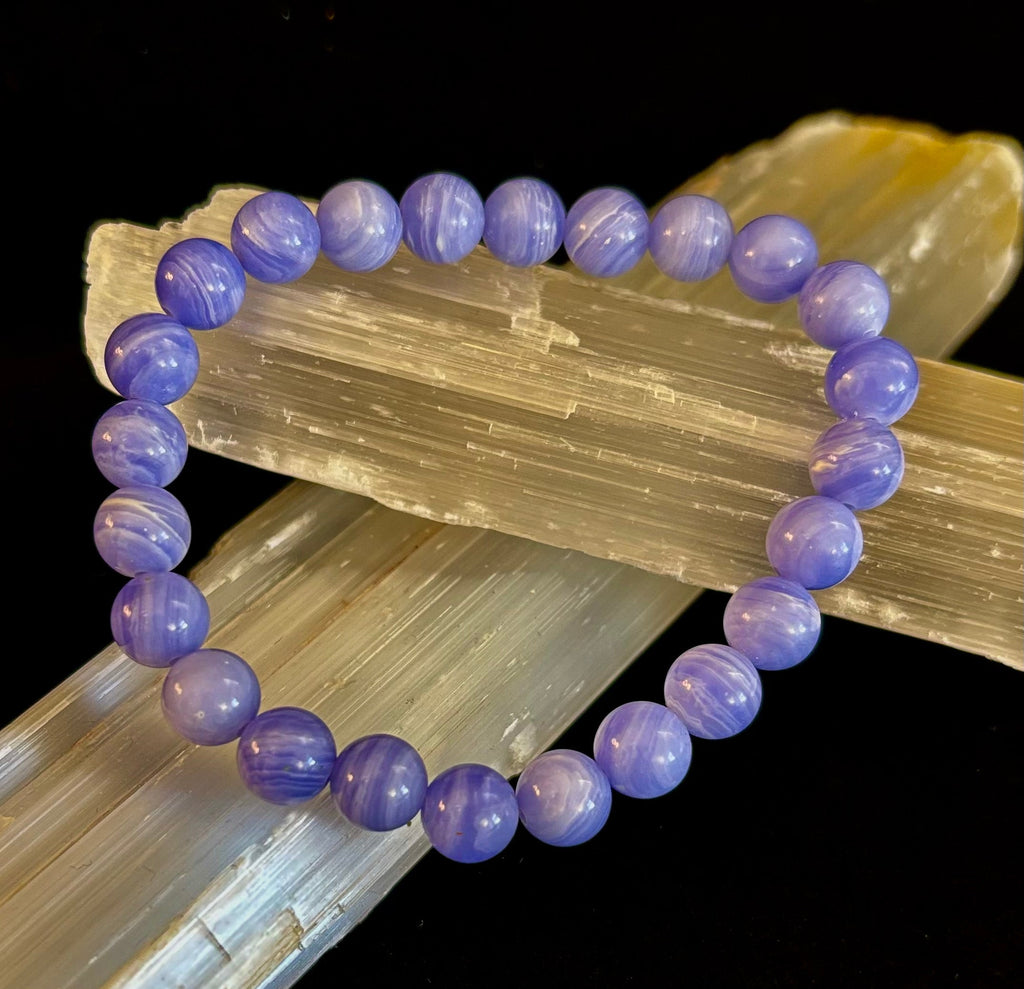 Reiki-Infused Natural Blue Lace Agate Bracelet for Anxiety Relief, Serenity & Throat Chakra Alignment (8mm)