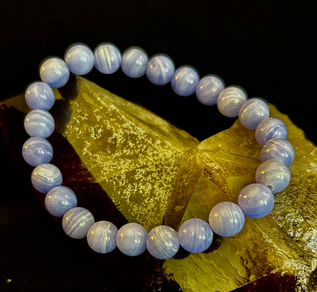 Reiki-Infused Natural Blue Lace Agate Bracelet for Anxiety Relief, Serenity & Throat Chakra Alignment (8mm)