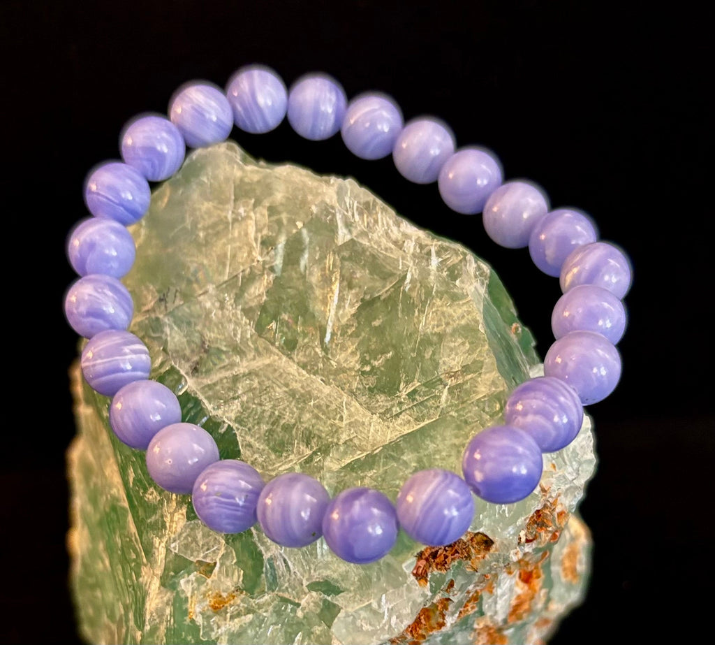 Reiki-Infused Natural Blue Lace Agate Bracelet for Anxiety Relief, Serenity & Throat Chakra Alignment (8mm)