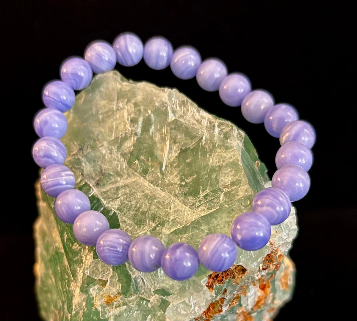 Reiki-Infused Natural Blue Lace Agate Bracelet for Anxiety Relief, Serenity & Throat Chakra Alignment (8mm)