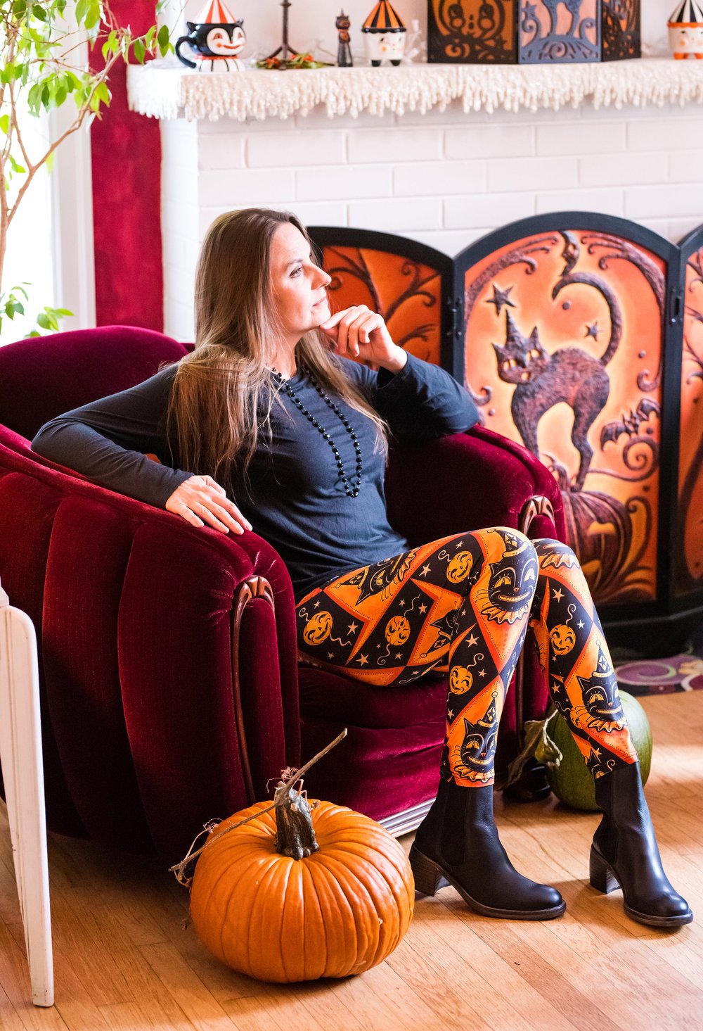 "Grinning Jack" (Johanna Parker Exclusive) Orange Vintage Cat - High-quality Handcrafted Vibrant Leggings