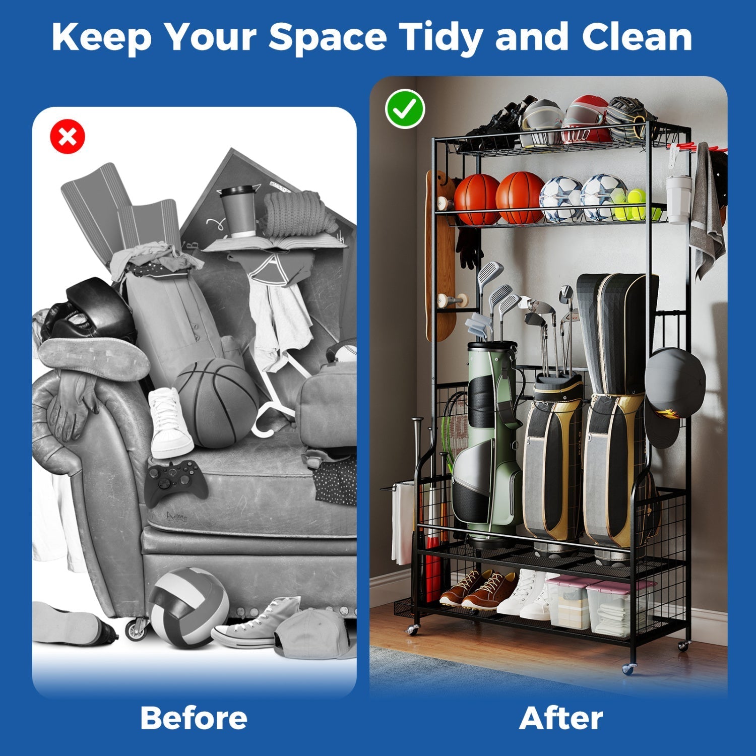 Mobile Sports Equipment Organizer with Golf Bags Storage and Club Rack