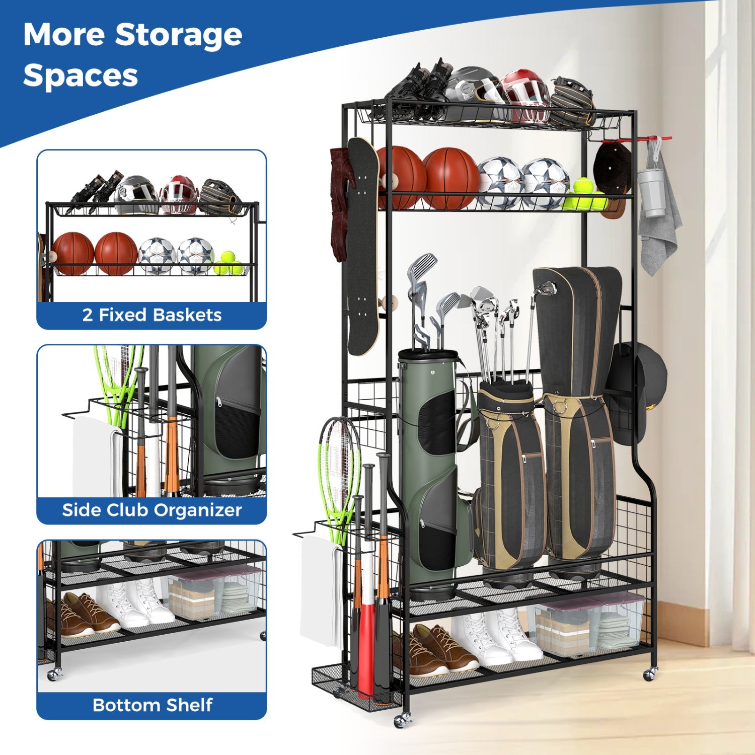 Mobile Sports Equipment Organizer with Golf Bags Storage and Club Rack
