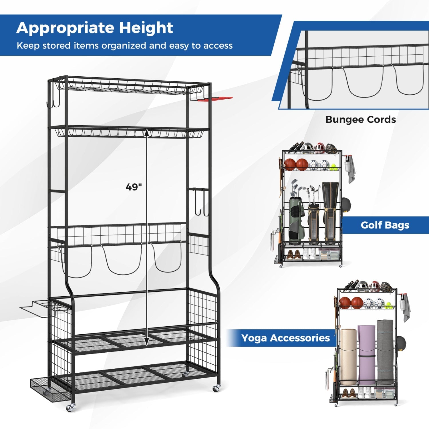 Mobile Sports Equipment Organizer with Golf Bags Storage and Club Rack