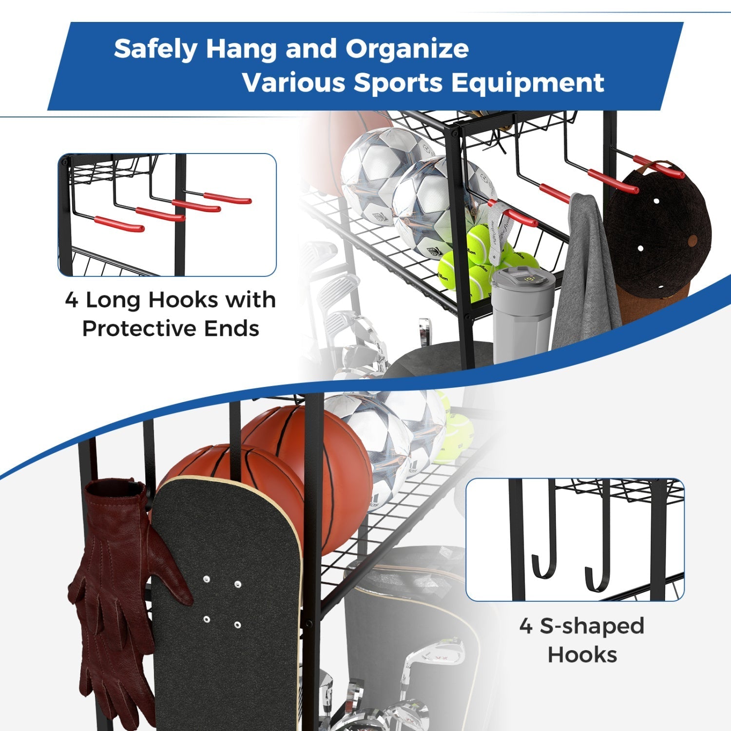 Mobile Sports Equipment Organizer with Golf Bags Storage and Club Rack