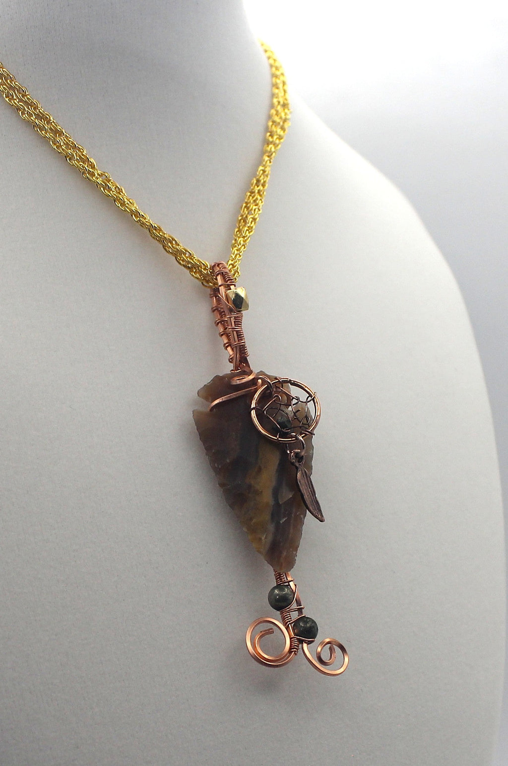 Raw Copper Jasper Arrowhead Beaded Charmed Pendant Necklace