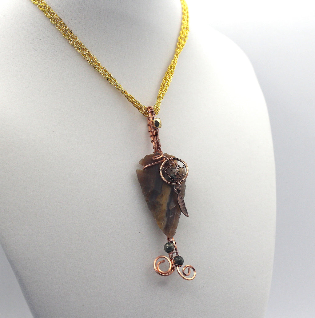 Raw Copper Jasper Arrowhead Beaded Charmed Pendant Necklace
