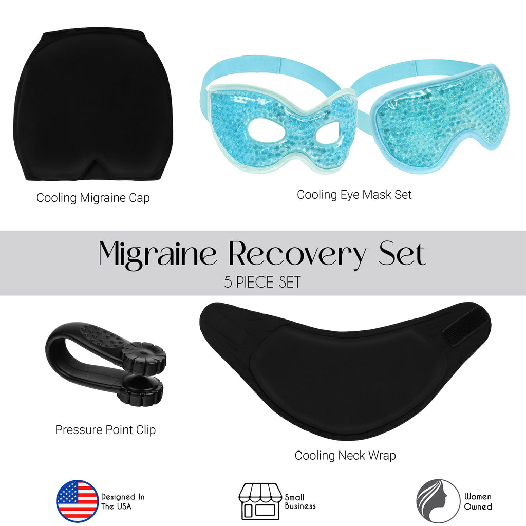 Rise Up and Recover - Migraine Relief 5pc Set (Incl. Headache Cap, Pressure Point Clip, Cooling Eye Masks, Neck Ice Pack Wrap) for Tension, Headaches, Stress, Hangover, Fatigue, Relaxation Self Care Gifts for Women & Men