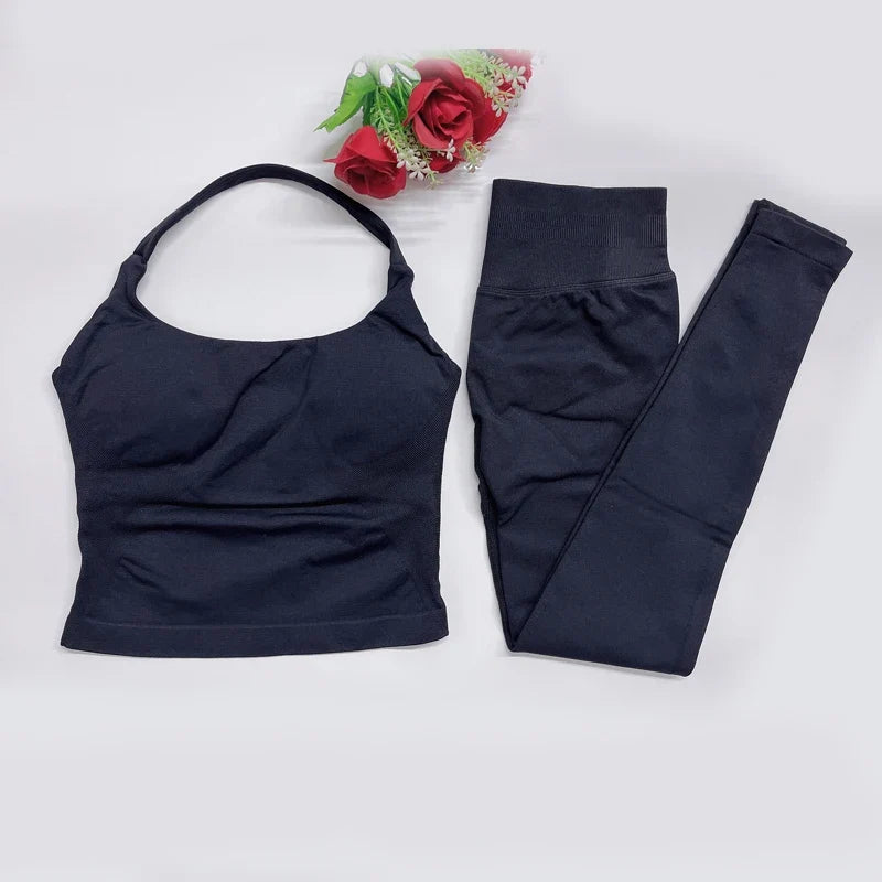 Women's Halter Top And Sports Leggings Gym Workout Set Two-Piece Pilates Clothes Yoga Outfits Impact Fitness Pants Set