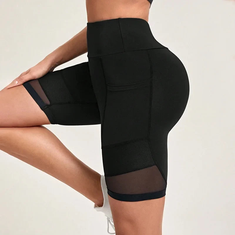Women’s High Waist Mesh Yoga Shorts Tummy Control & Pockets