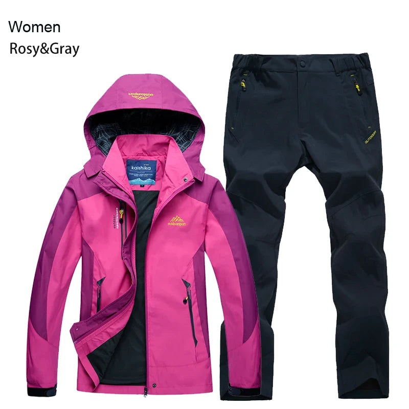 Outdoor Trekking Hiking Jacket and Pants Women Autumn Thermal Waterproof Windproof Hooded Jackets Trip Mountain Camping Sets