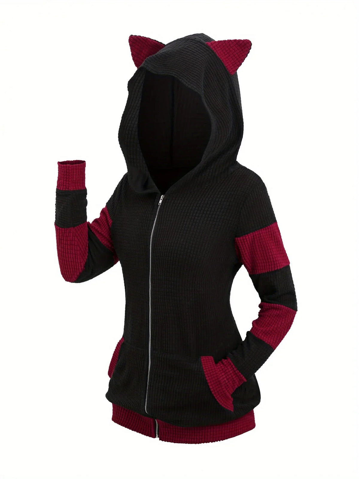 Women's new thick cat ears in autumn and winter long color matching hooded sweater coat