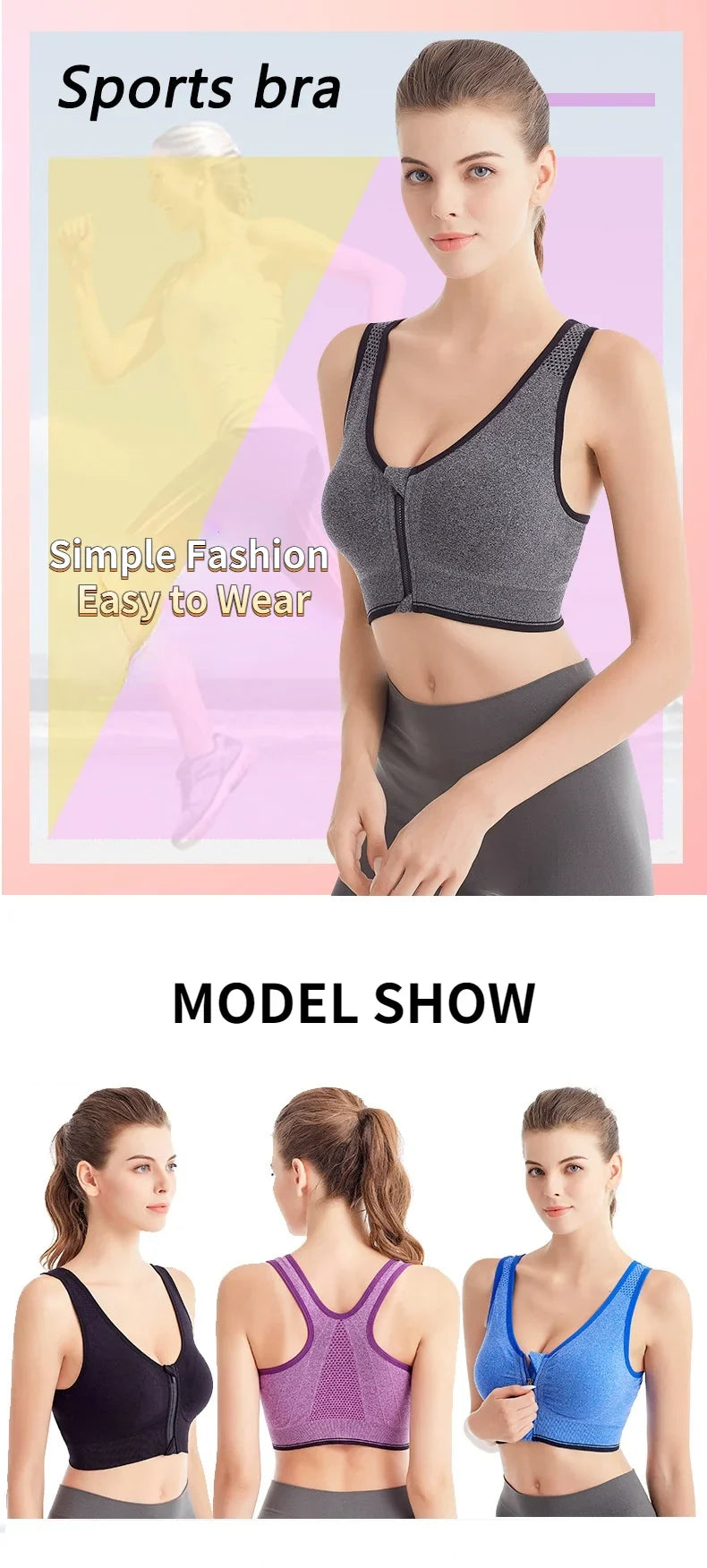 Sports Bra Women Front Zipper More Size Crop Tops Female Gym Jogging Yoga Fitness Shockproof Vest Bralette Sport Bras for Women