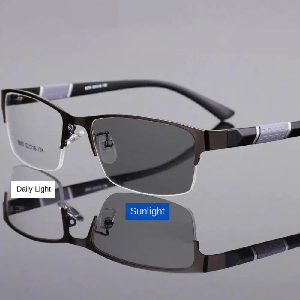 1PC Men's Business Photochromic Myopia Glasses Half Frame Metal Blue Light Blocking Eyewear Classic UV Shades Sunglasses