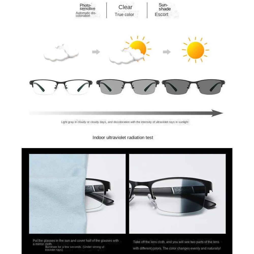 1PC Men's Business Photochromic Myopia Glasses Half Frame Metal Blue Light Blocking Eyewear Classic UV Shades Sunglasses