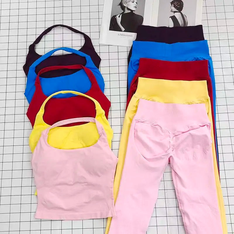 Women's Halter Top And Sports Leggings Gym Workout Set Two-Piece Pilates Clothes Yoga Outfits Impact Fitness Pants Set