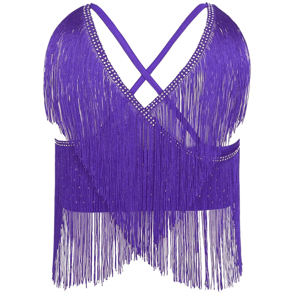 V-Neck Crisscross Back Tassel Fringe Crop Top Latin Salsa Dance Costume