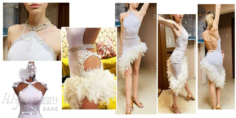 The Stardust Swan Queen – White Feathered Embroidered Latin Dance Competition Dress Set