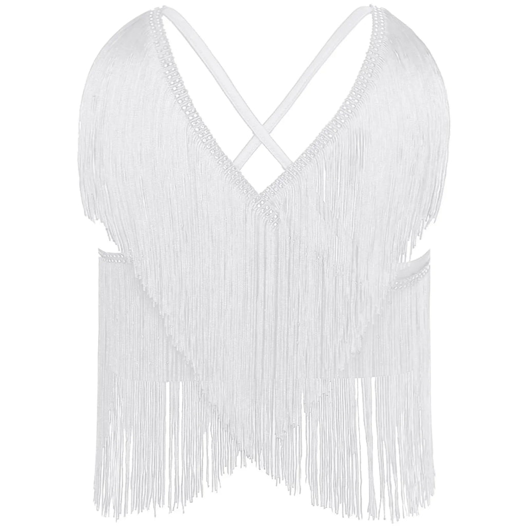 V-Neck Crisscross Back Tassel Fringe Crop Top Latin Salsa Dance Costume