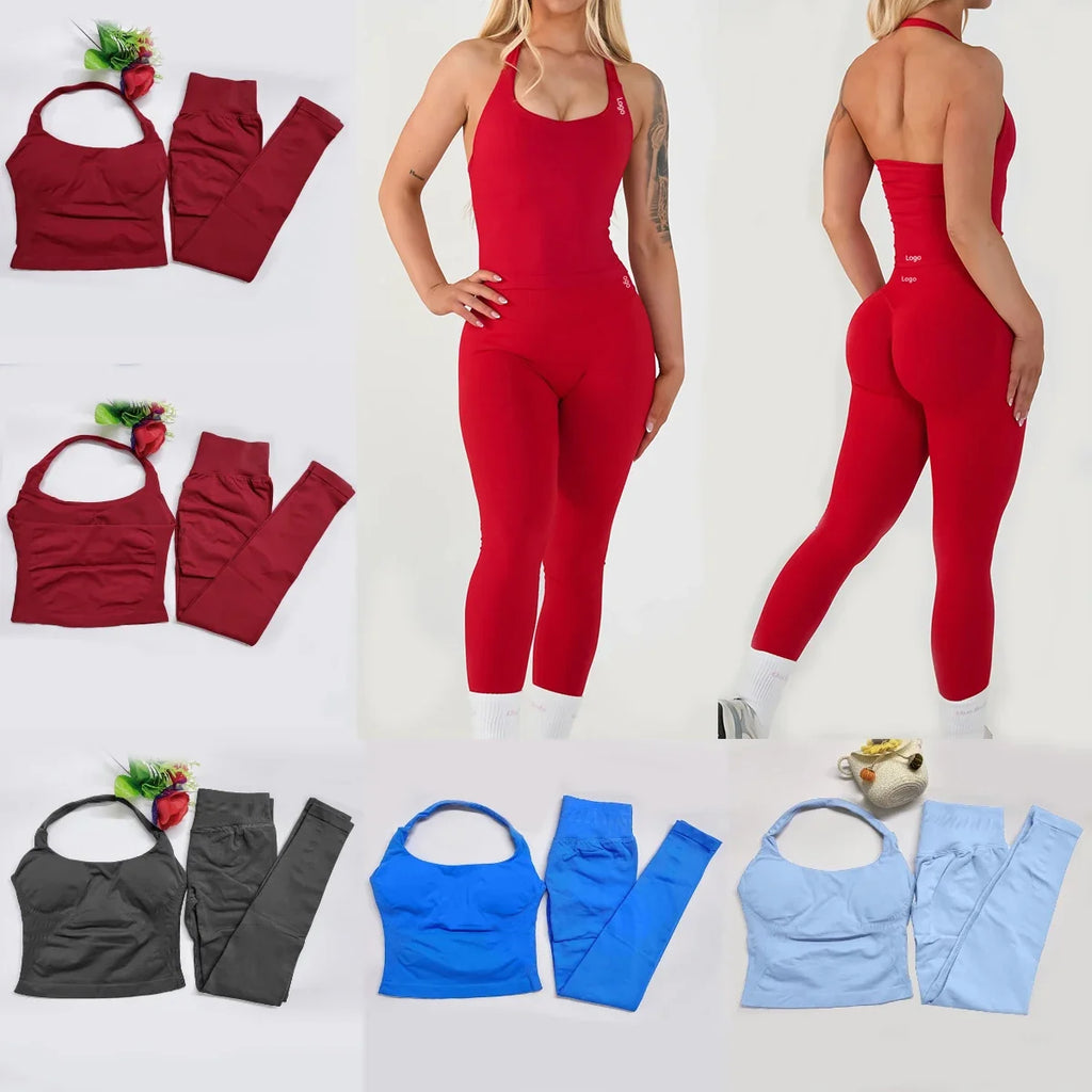 Women's Halter Top And Sports Leggings Gym Workout Set Two-Piece Pilates Clothes Yoga Outfits Impact Fitness Pants Set