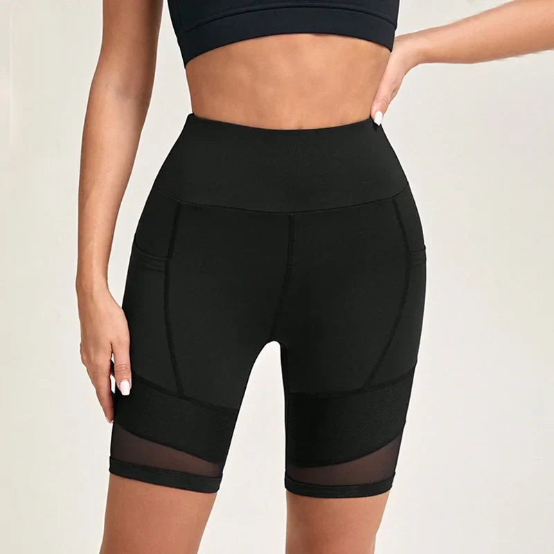 Women’s High Waist Mesh Yoga Shorts Tummy Control & Pockets