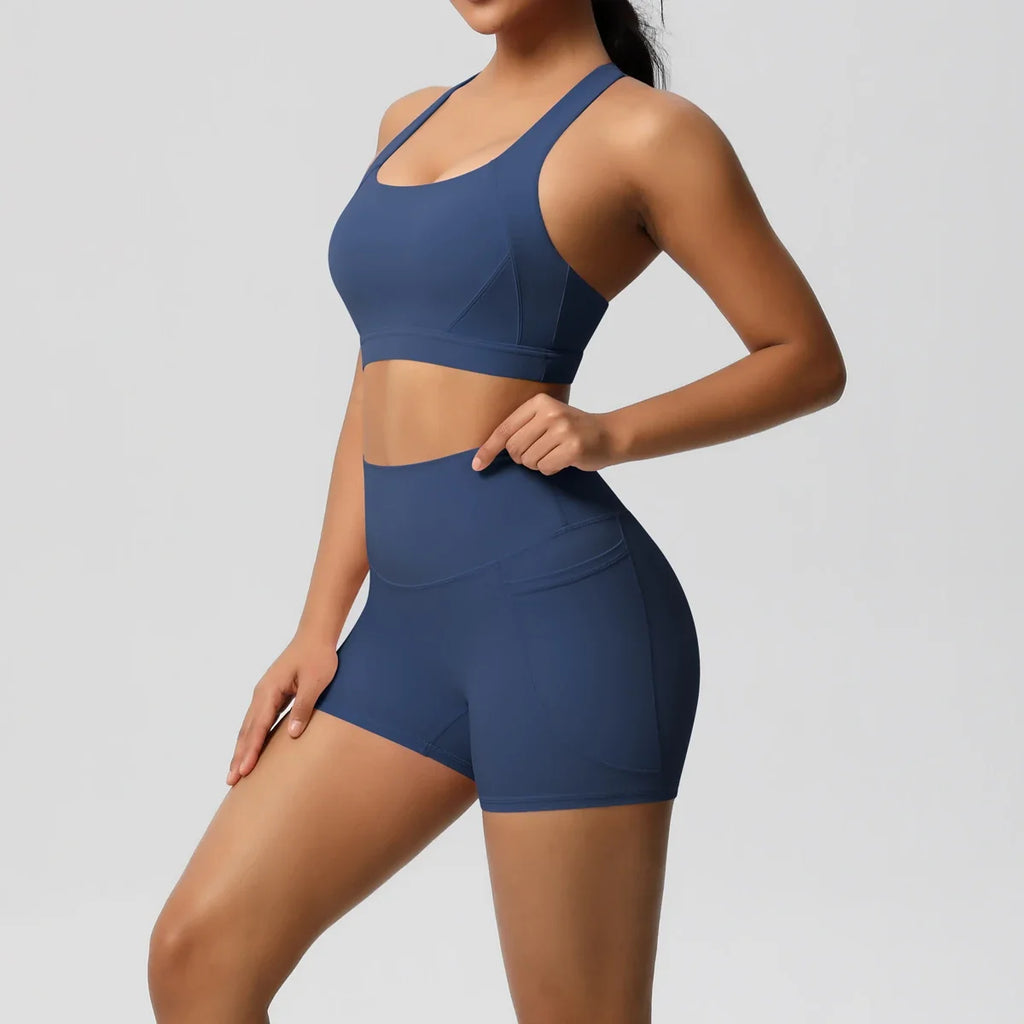 2PCS Sportswear With Pocketed Yoga Set Gym Clothes Yoga Suits For Women Tracksuits Sports Shorts Crossover Bra Gym Leggings