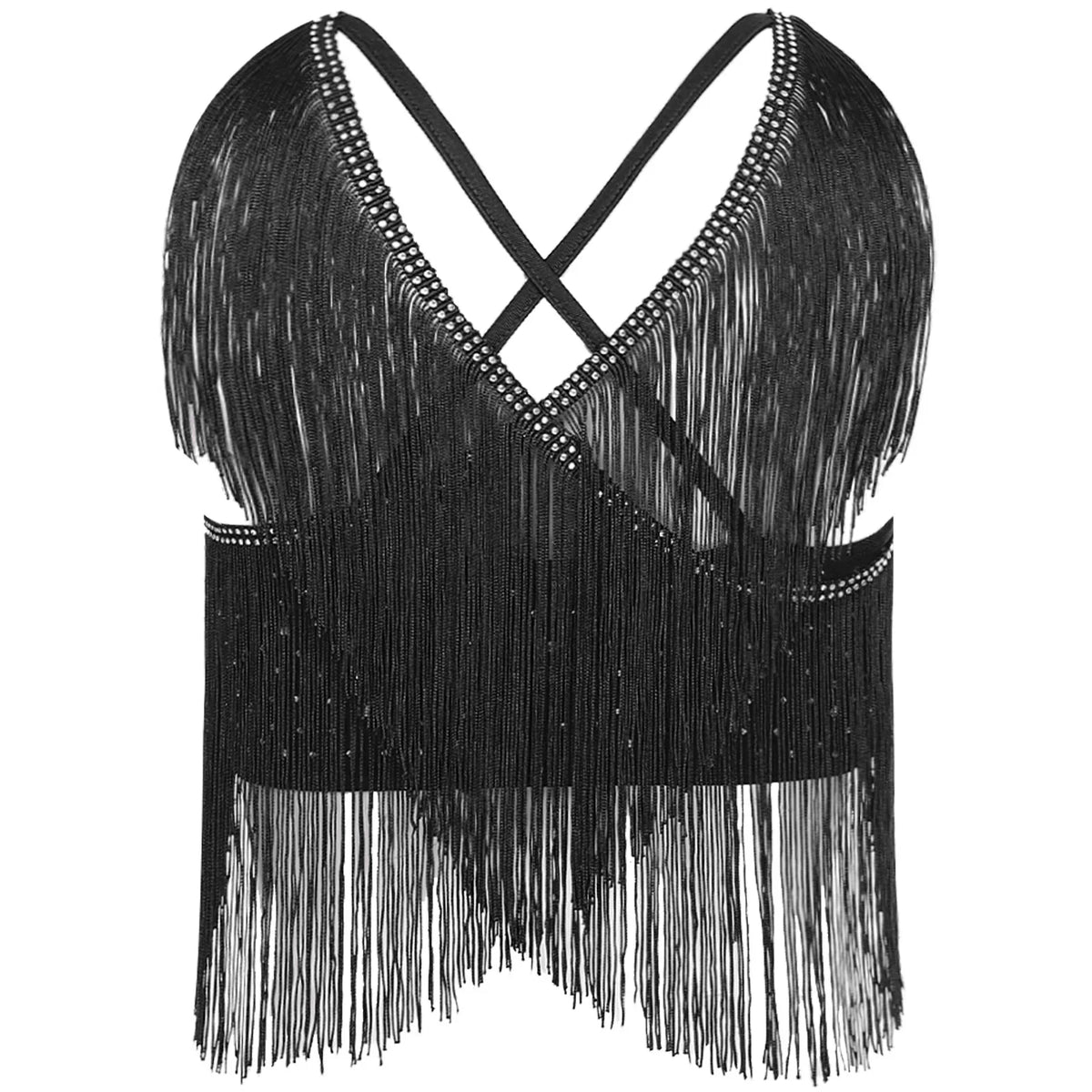 V-Neck Crisscross Back Tassel Fringe Crop Top Latin Salsa Dance Costume