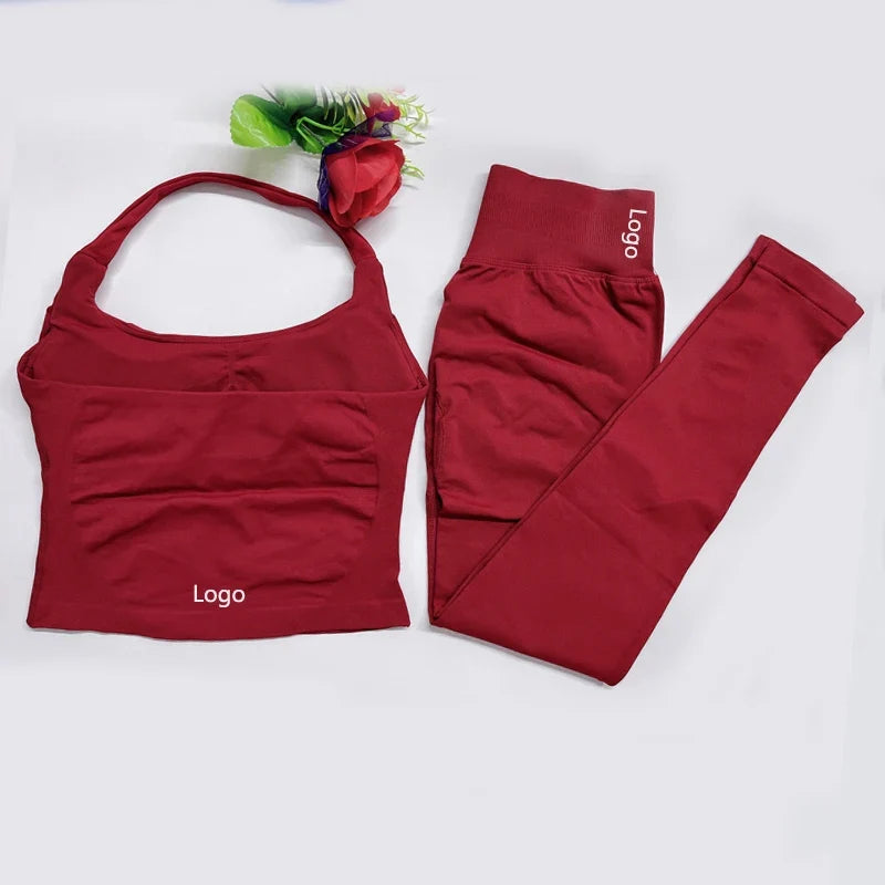Women's Halter Top And Sports Leggings Gym Workout Set Two-Piece Pilates Clothes Yoga Outfits Impact Fitness Pants Set