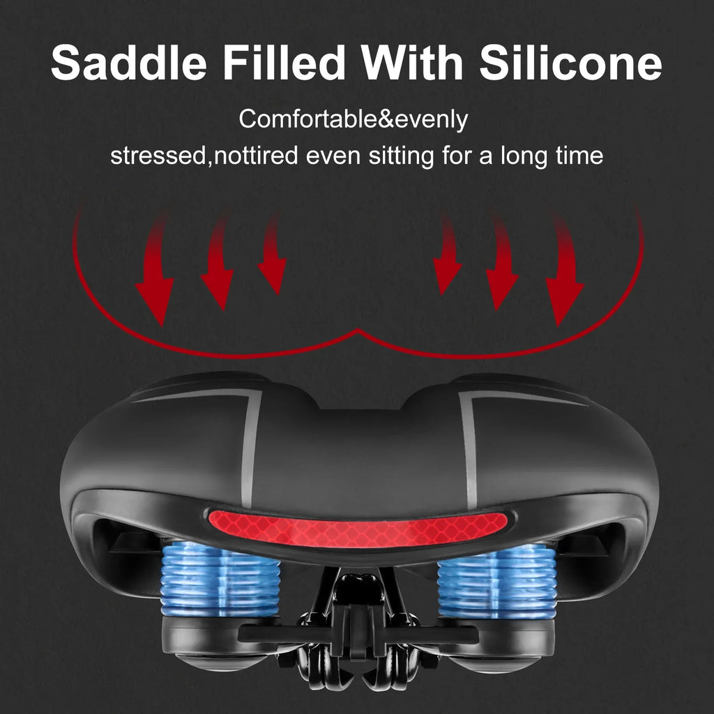 Comfort Bicycle Saddle Extra Wide MTB Road Bike Seat with Memory Foam Silicone Gel Cushion, Shock Absorbing Hollow Breathable PU Leather Bike Saddle with Suspension Balls, Rain Cover and Tools for Mountain City Cycling