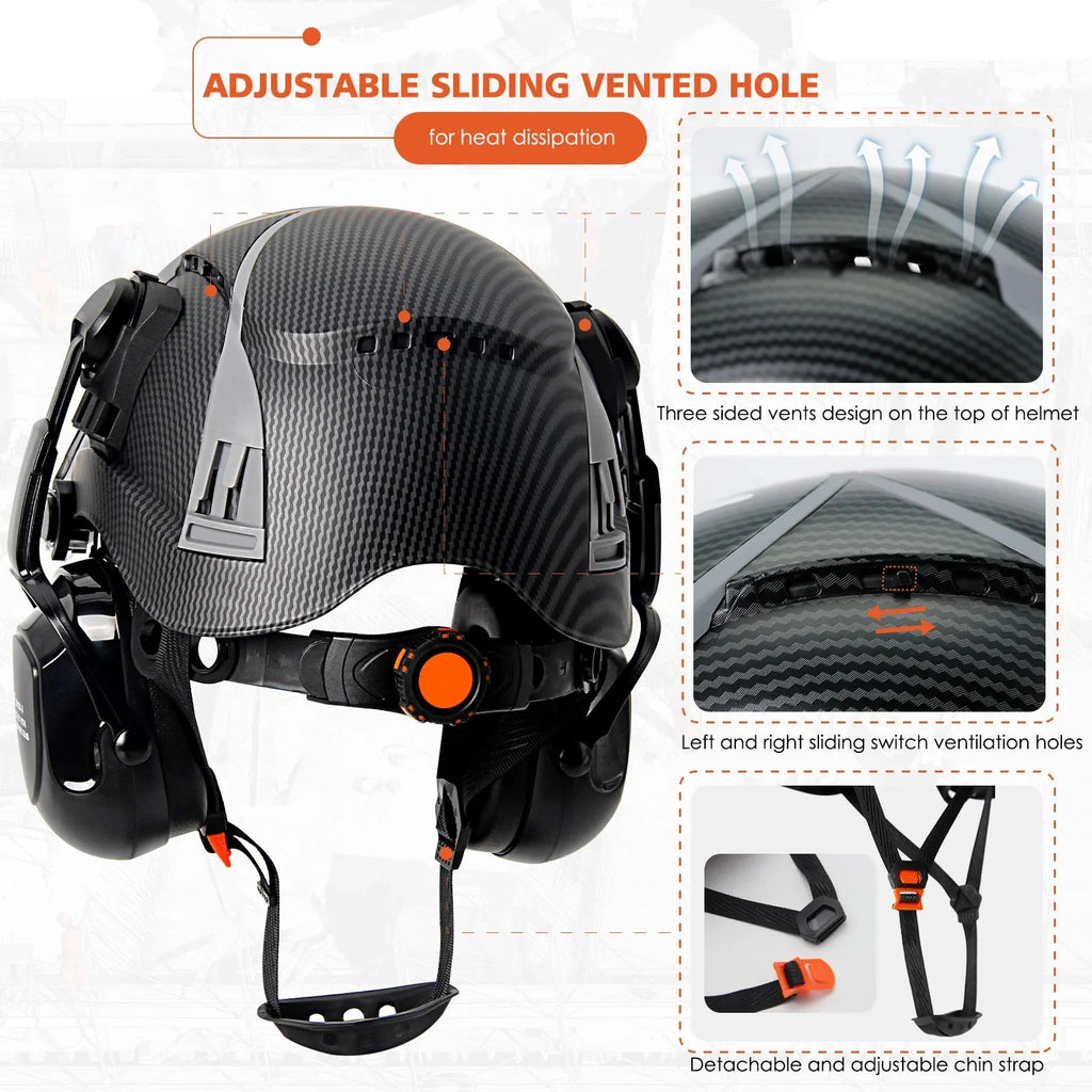 Carbon Fiber Vented Safety Helmet with Earmuffs & Goggles