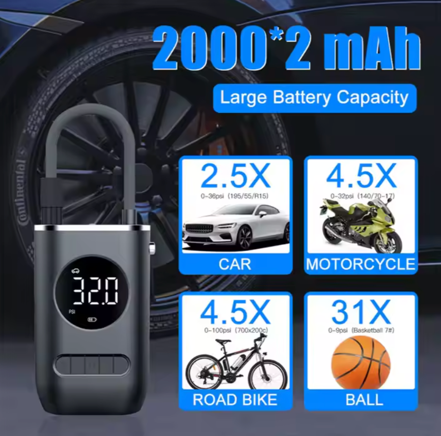 Portable Wireless Digital Tire Inflator – Multifunctional Electric Air Pump for Cars, Motorcycles, Bikes &amp; More (150 PSI | 2000mAh Dual Battery)