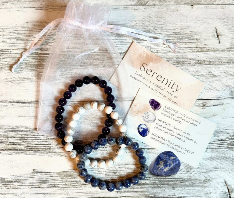 Intentions Bracelet Set with a crystal – Serenity (Amethyst, Sodalite & Howlite)