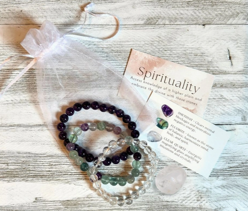Intentions Bracelet Set with a crystal – Spirituality (Clear Quartz, Amethyst & Fluorite)
