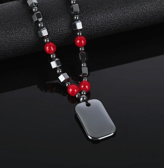 Hero Shield Magnetic Hematite Necklace – Red Power Beads - Dog Tag Pendant