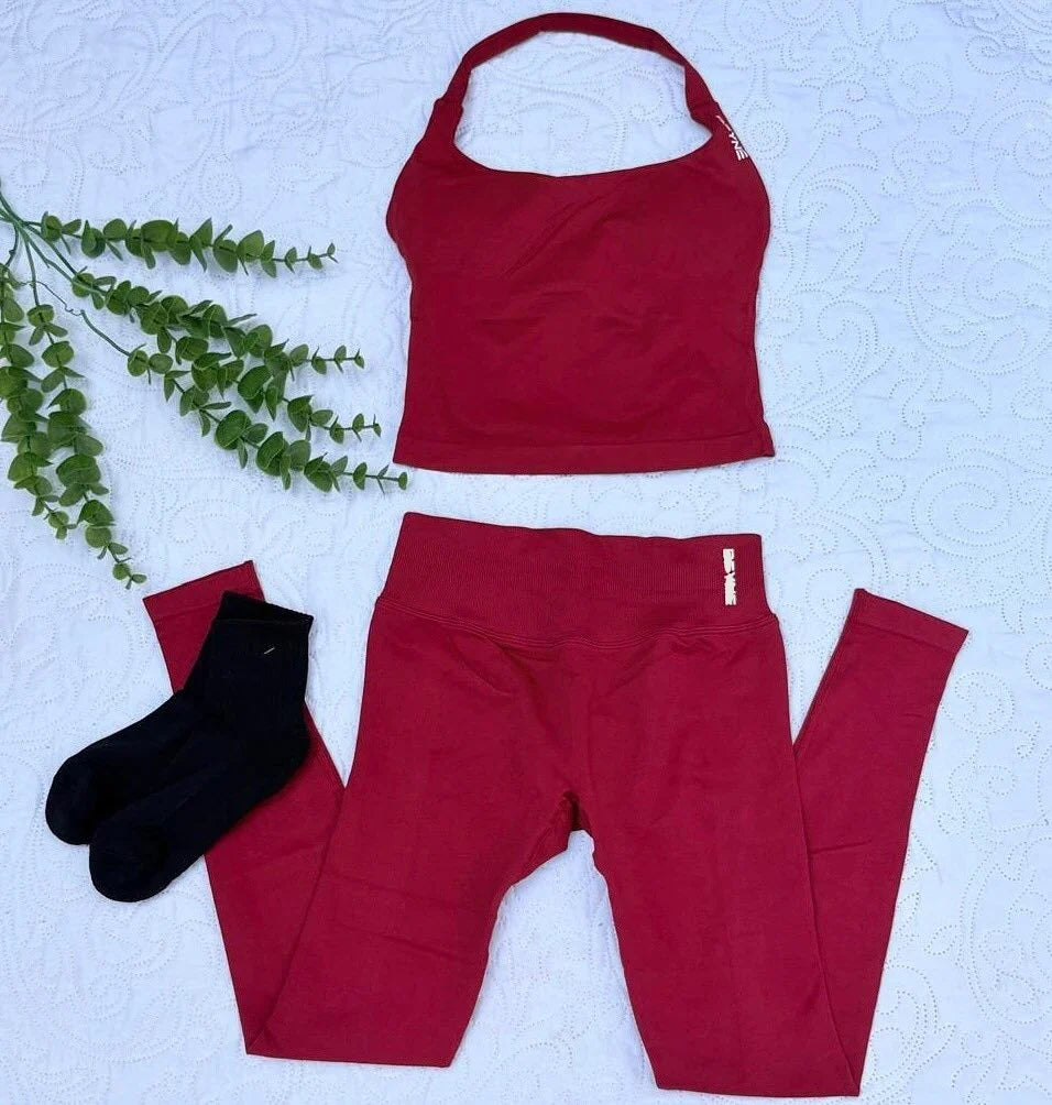 Women's Halter Top And Sports Leggings Gym Workout Set Two-Piece Pilates Clothes Yoga Outfits Impact Fitness Pants Set