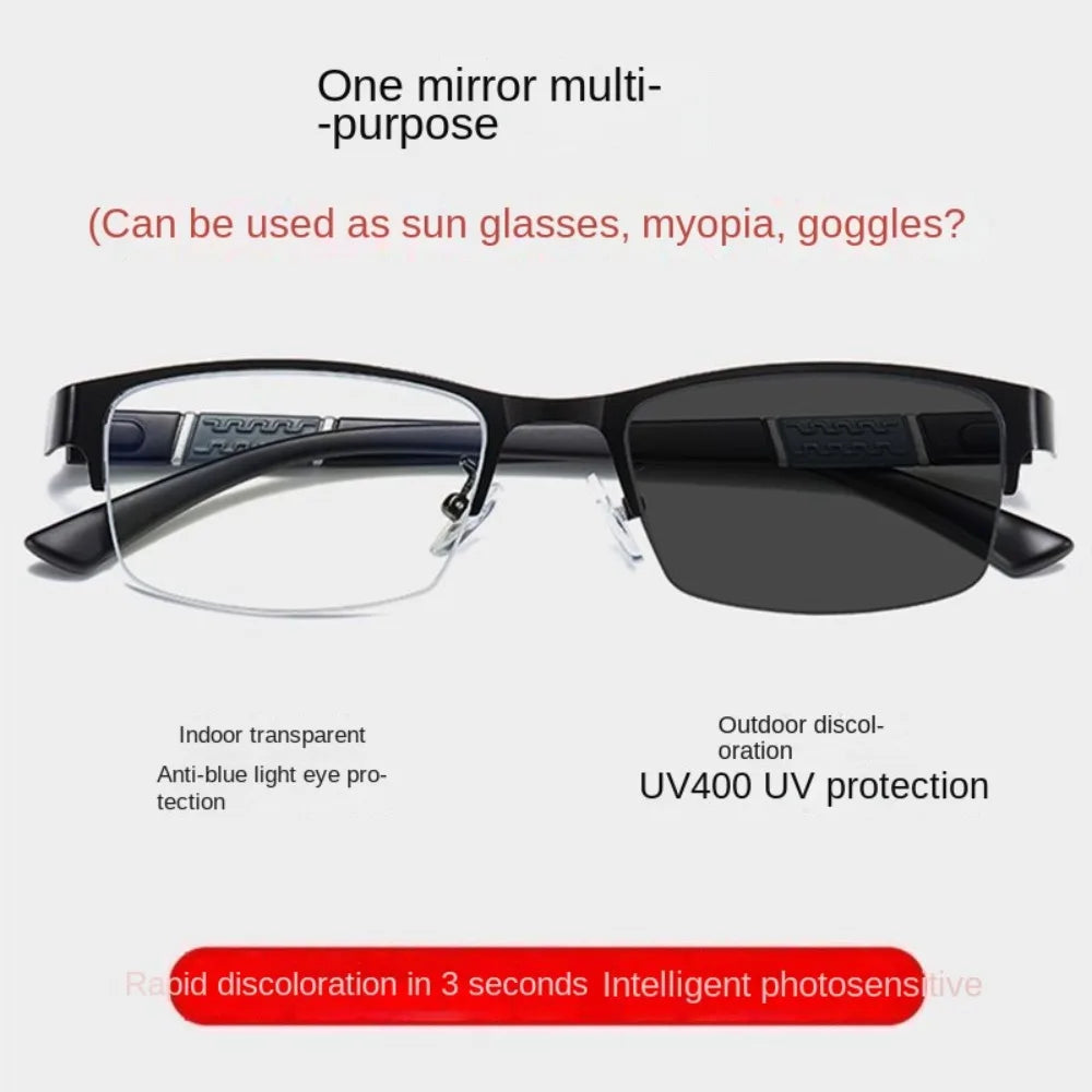 1PC Men's Business Photochromic Myopia Glasses Half Frame Metal Blue Light Blocking Eyewear Classic UV Shades Sunglasses