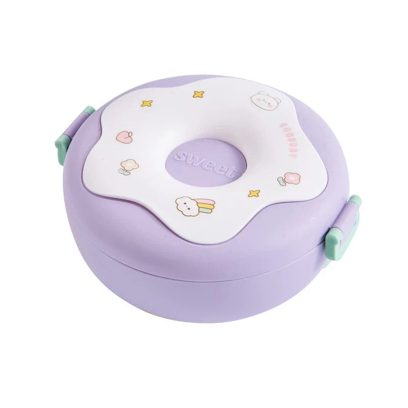 Lunch Box For Kid School Child Snack Box Donut Cartoon Leakproof Bento Box Lunch Bags With Fork Spoon 3 Compartment Microwavable