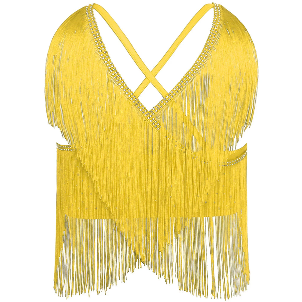 V-Neck Crisscross Back Tassel Fringe Crop Top Latin Salsa Dance Costume