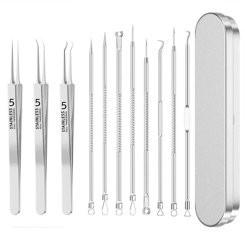 4-11 pcs Ingrown Hair Tweezers Acne Blackhead Removal Needles Black Dots Cleaner Deep Cleansing Pore Cleaner Face Skin Care Tools