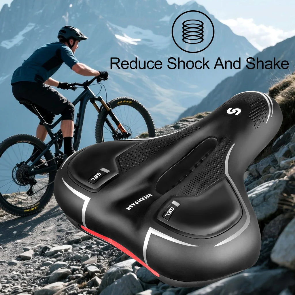 Comfort Bicycle Saddle Extra Wide MTB Road Bike Seat with Memory Foam Silicone Gel Cushion, Shock Absorbing Hollow Breathable PU Leather Bike Saddle with Suspension Balls, Rain Cover and Tools for Mountain City Cycling