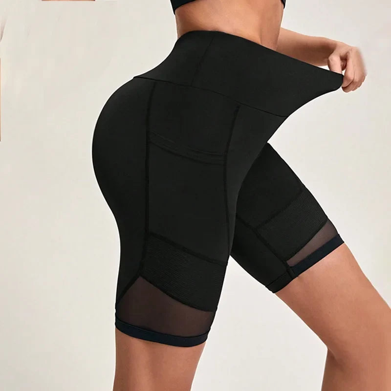 Women’s High Waist Mesh Yoga Shorts Tummy Control & Pockets