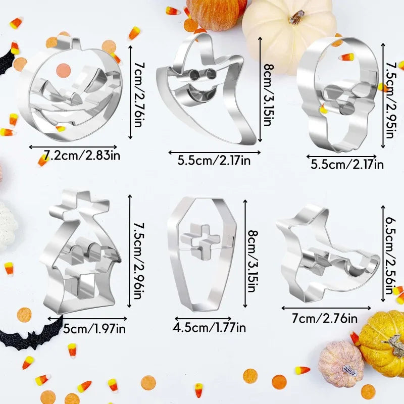 6pcs Halloween Cookie Cutter Mold Stainless Steel Ghost Pumpkin Skull Head Coffin Baking Molds Cupcake Chocolate Biscuit Mould