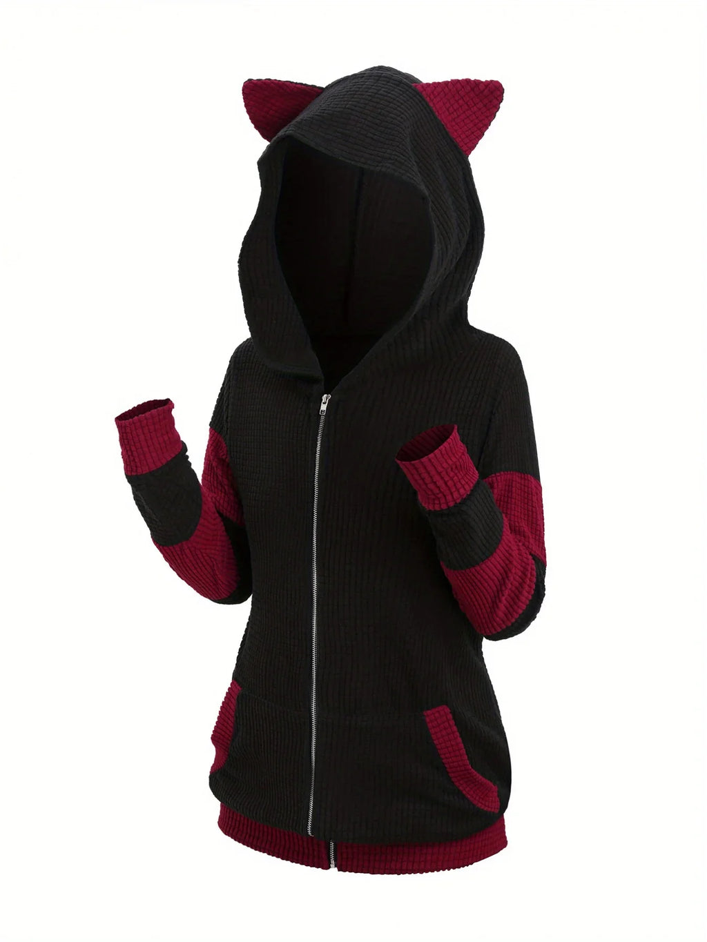 Women's new thick cat ears in autumn and winter long color matching hooded sweater coat