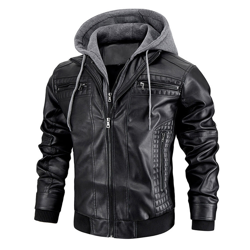 Men's PU Leather Motorcycle Jacket – Hooded Removable Bomber with Zipper Pockets
