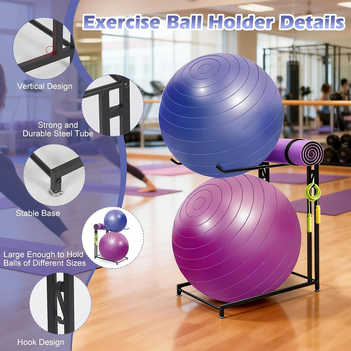 Exercise Ball Storage Rack with Hooks – Home Gym Organizer
